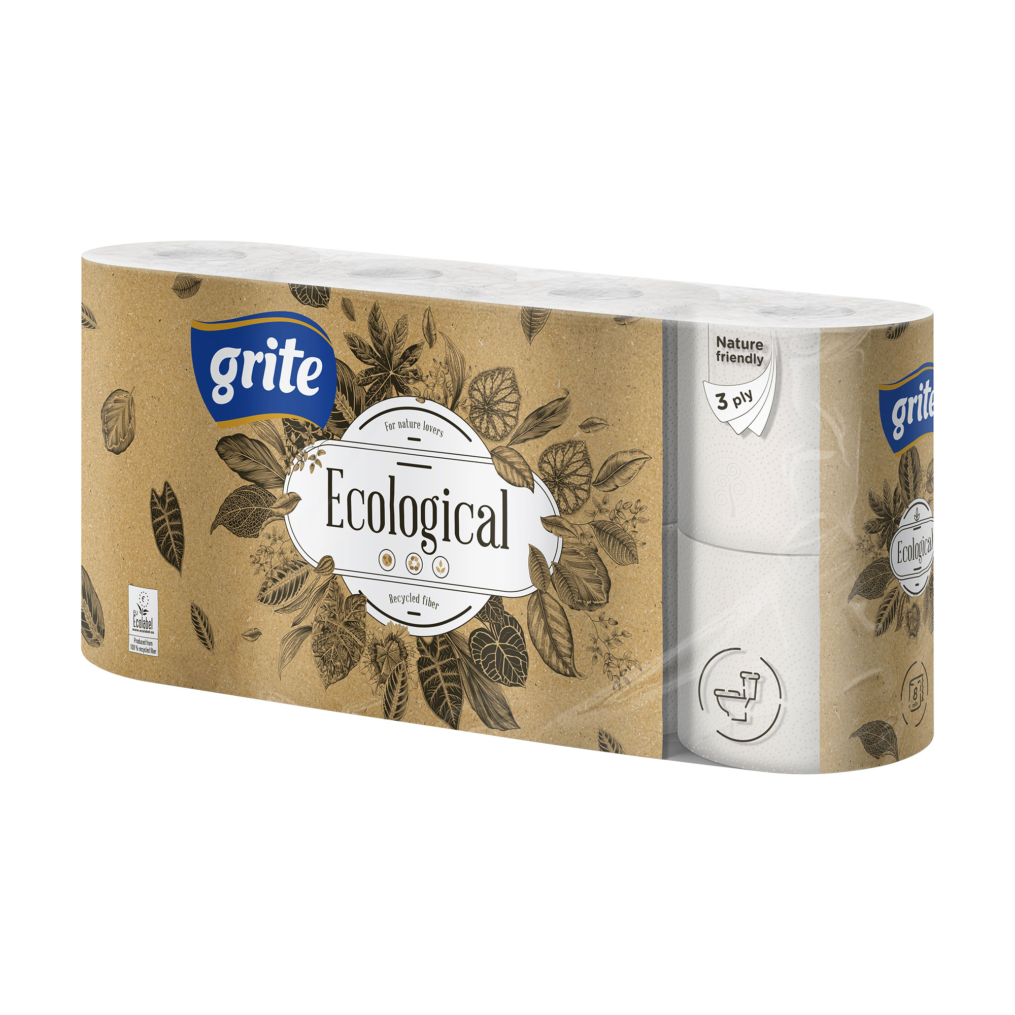 Туалетний папір Grite Ecological, 3-шаровий, 135 відривів, 8 рулонів